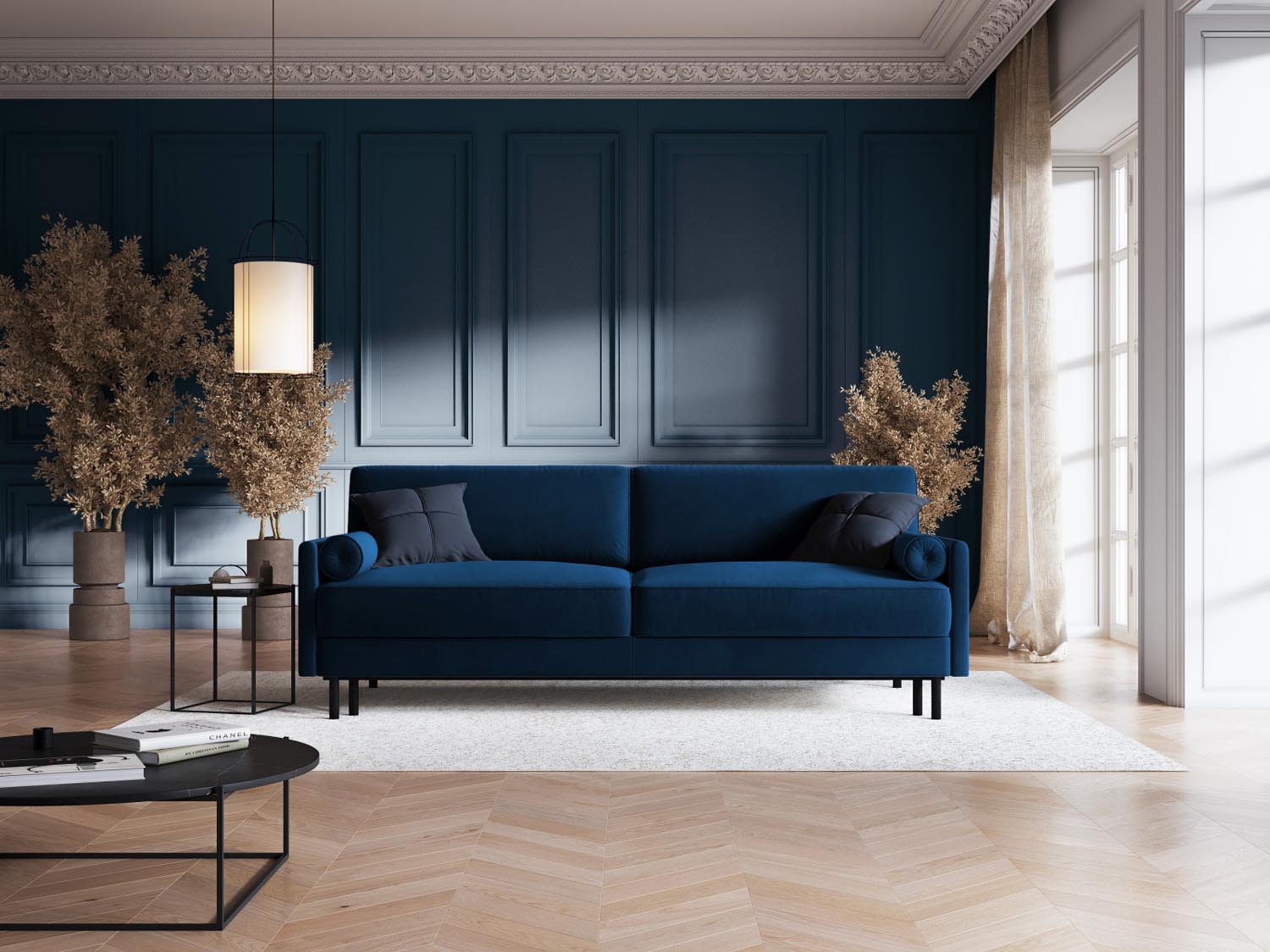 Elegantes Scott Velour Sofa in Royal Blue mit Schlaffunktion und Stauraum, ideal für stilvolle Wohnräume und Gästeübernachtungen.