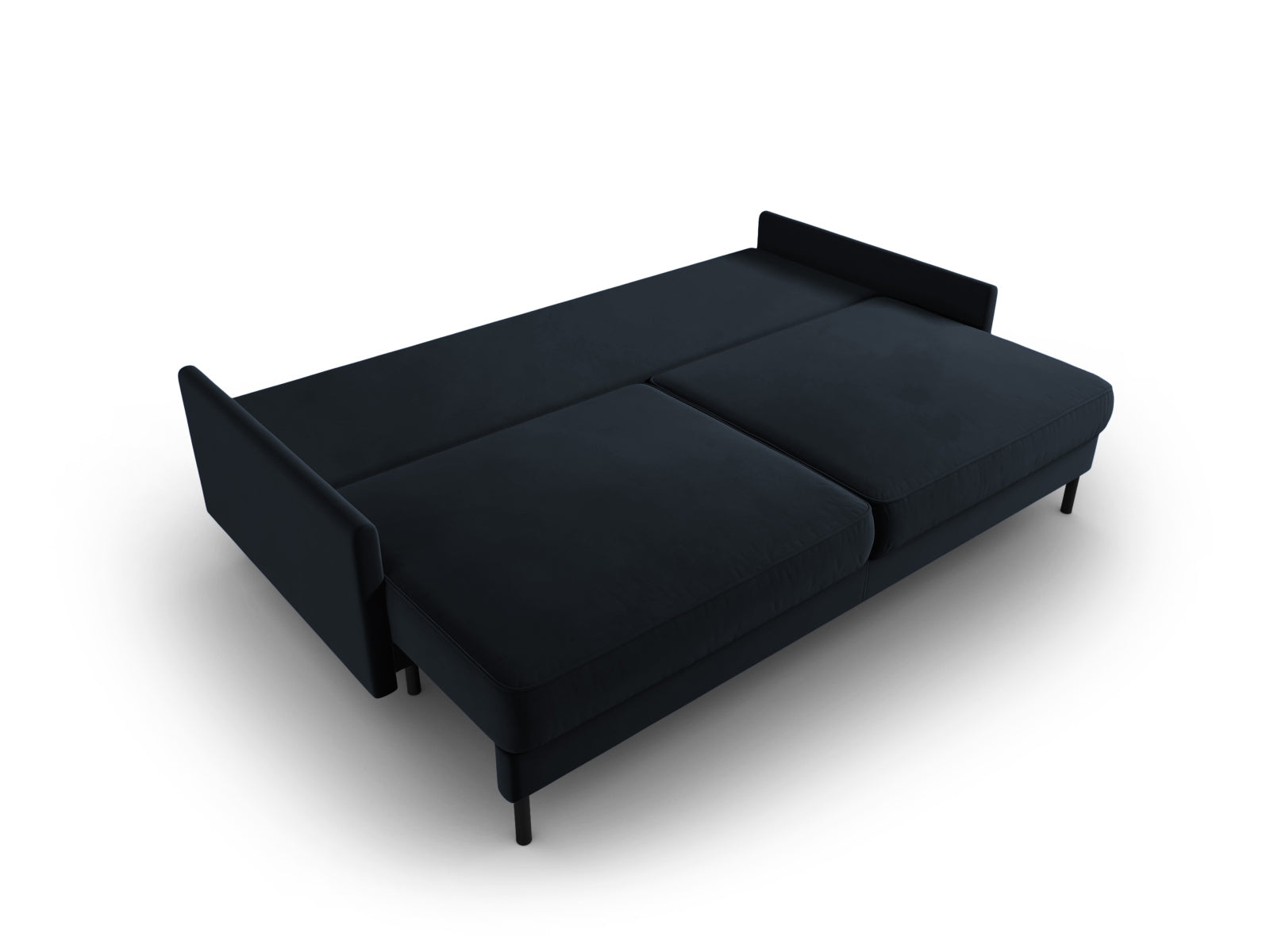 Elegantes dunkelblaues Velours-Sofa für 3 Personen, mit praktischer Schlaffunktion und integriertem Stauraum, ideal für vielseitige Wohnräume.