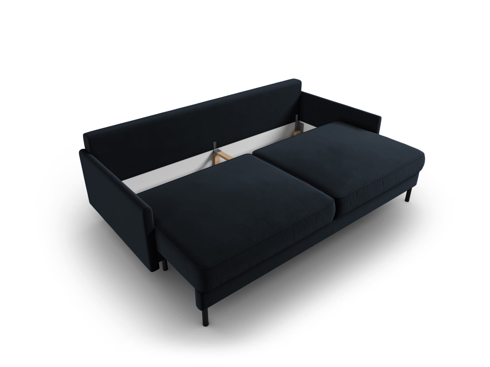 Stilvolles 3-Sitzer Sofa aus Velours in tiefem Blau, ausgestattet mit einer komfortablen Schlaffunktion und cleverem Stauraum für zusätzlichen Platz.