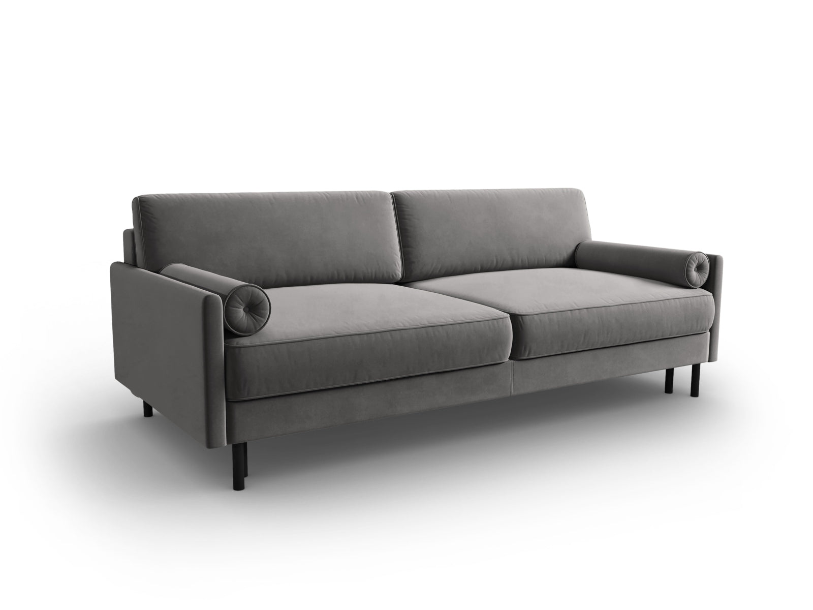 Modernes 3-Sitzer Sofa aus Velours in sanftem Grau, vielseitig einsetzbar als Schlafsofa mit praktischem Stauraum für zusätzlichen Komfort.