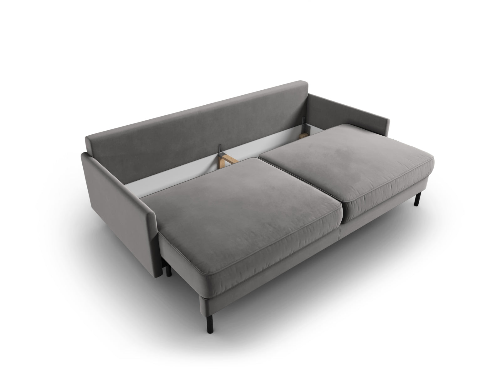 Stylisches 3-Sitzer Sofa aus Velours in sanftem Grau, perfekt als Schlafgelegenheit mit praktischem Stauraum für zusätzlichen Komfort.