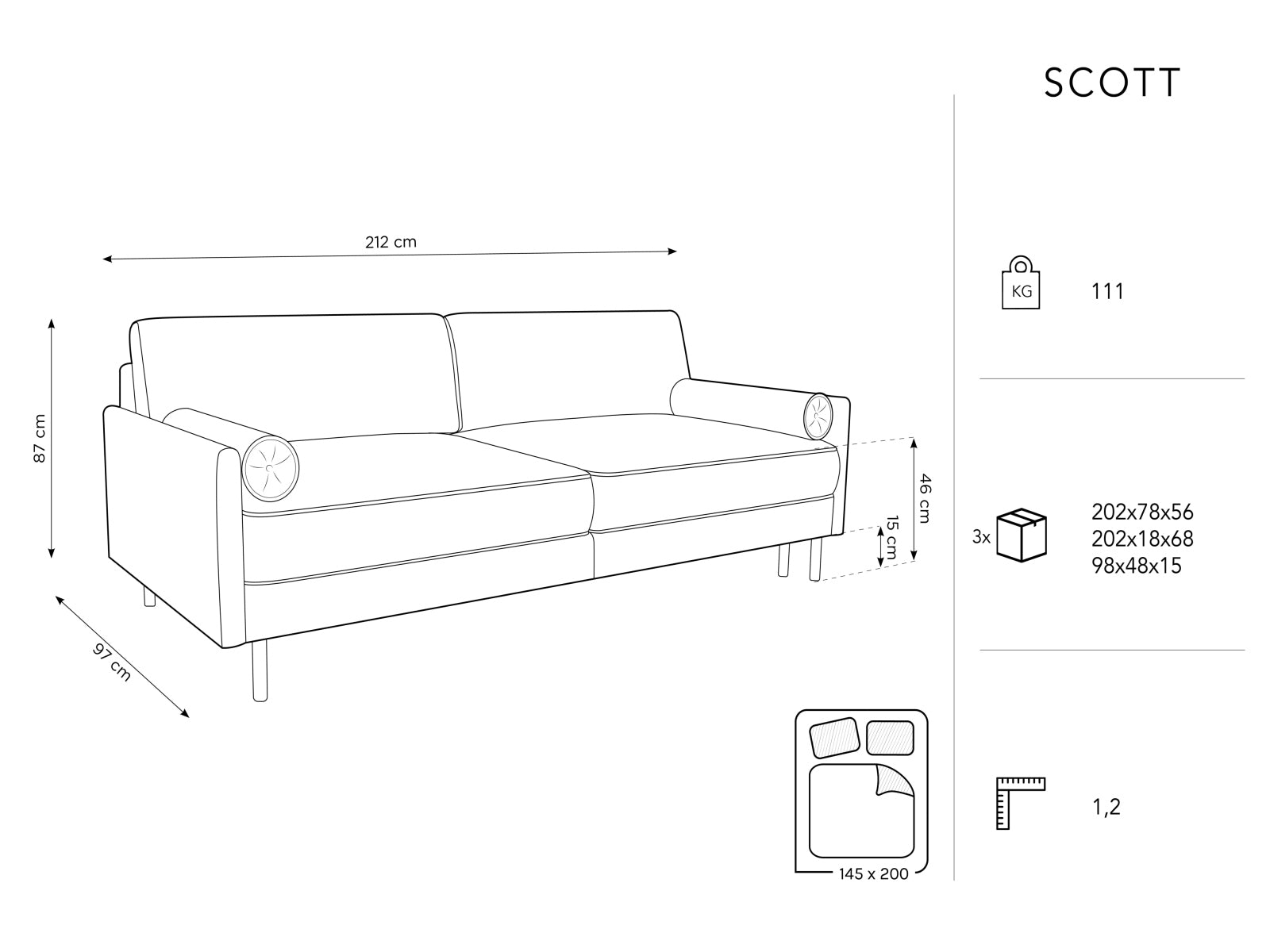 Elegantes 3-Sitzer Sofa von Micadoni in stilvollem Grau-Blau, das sich mühelos in ein Bett verwandelt und zusätzlichen Stauraum bietet.