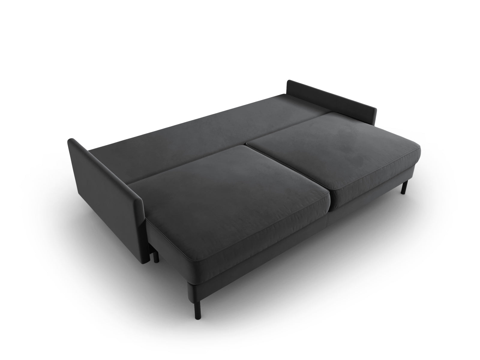 Elegantes 3-Sitzer Sofa in stilvollem Grau-Blau, aus weichem Velours, mit cleverer Schlaffunktion und integriertem Stauraum.