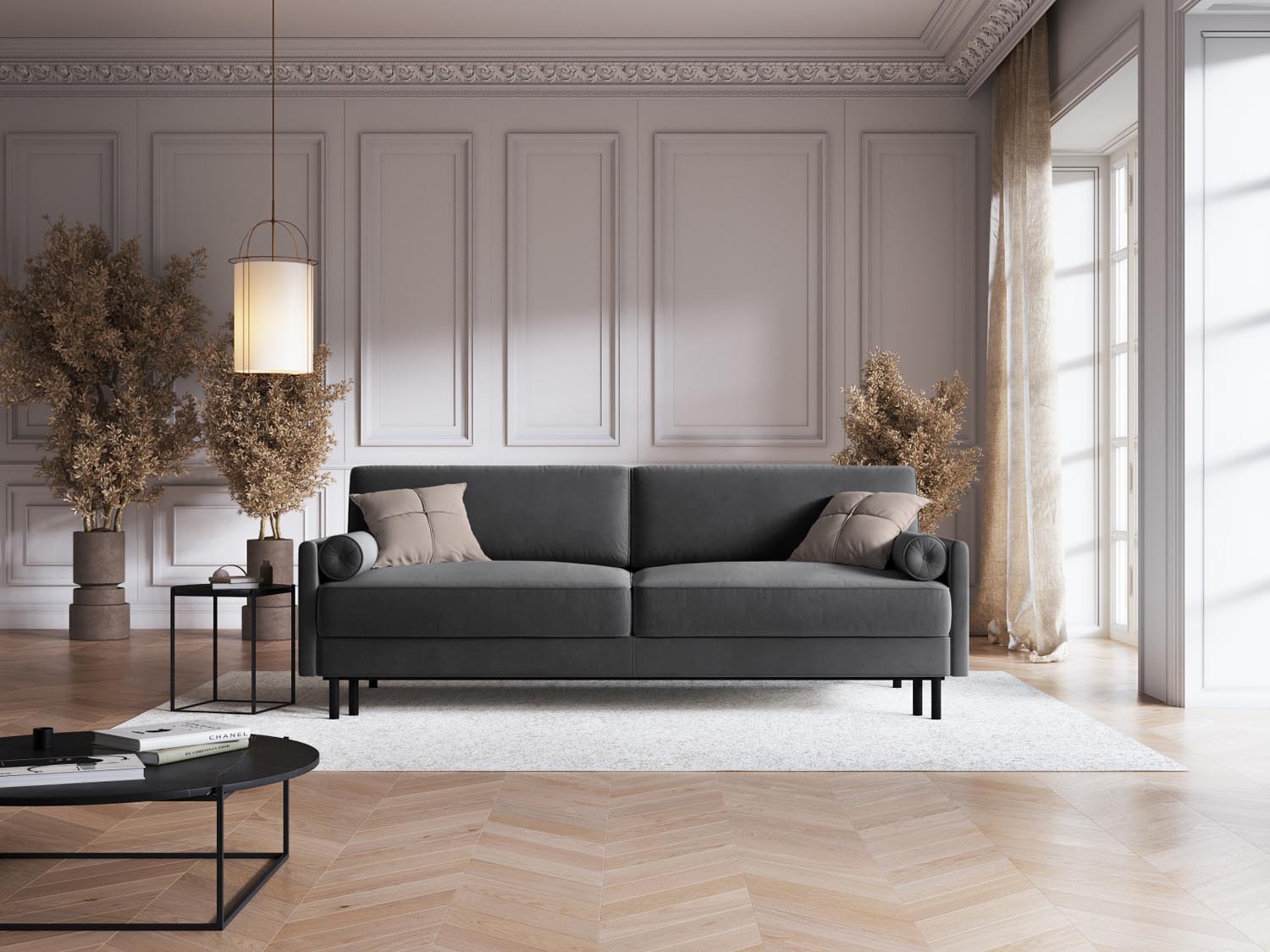 Elegantes Scott Velour Sofa in Grau-Blau, 3-Sitzer mit Schlaffunktion und Stauraum, ideal für stilvolle Wohnräume.