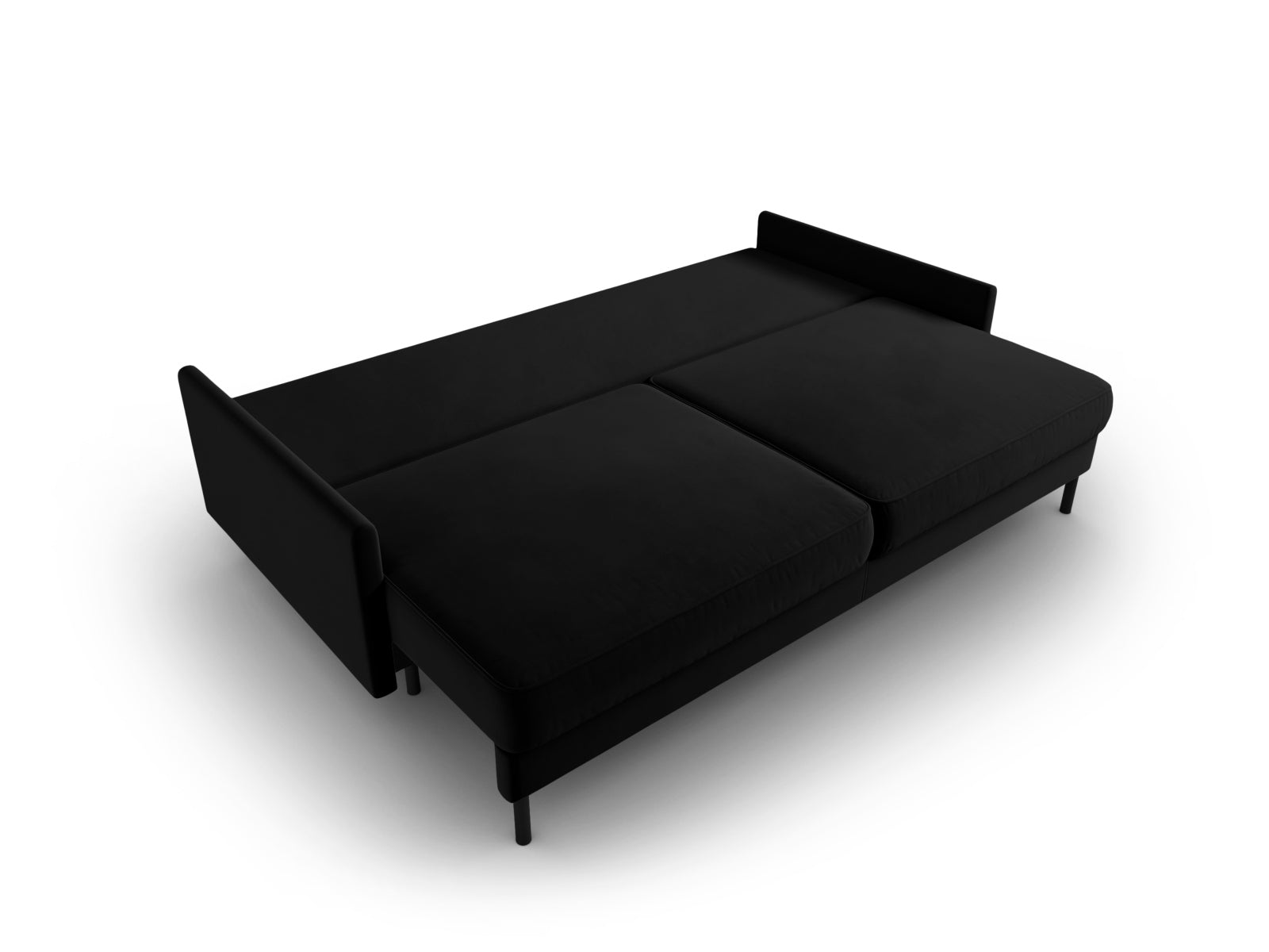Elegantes 3-Sitzer Velours Sofa in Schwarz-Bluvel, ideal für Gästeübernachtungen und mit praktischem Stauraum für zusätzlichen Komfort.
