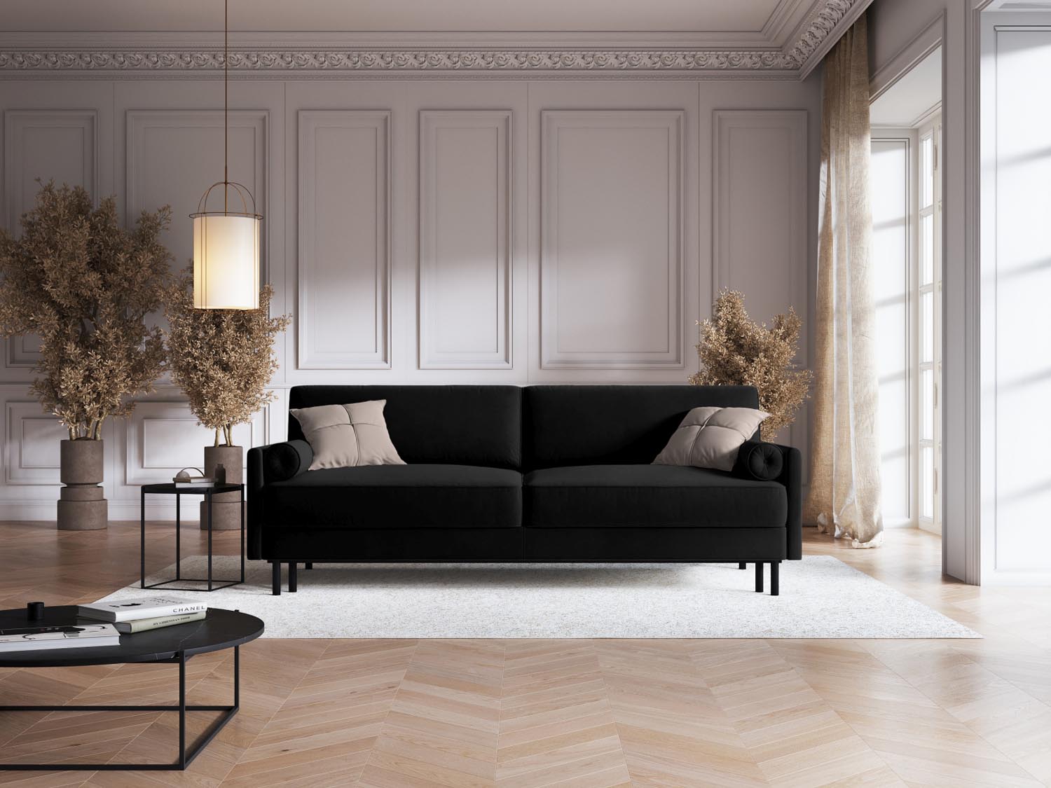 Elegantes Scott Velour Sofa in Schwarz-Bluvel, 3-Sitzer mit Schlaffunktion und praktischem Stauraum, ideal für modernes Wohnen.