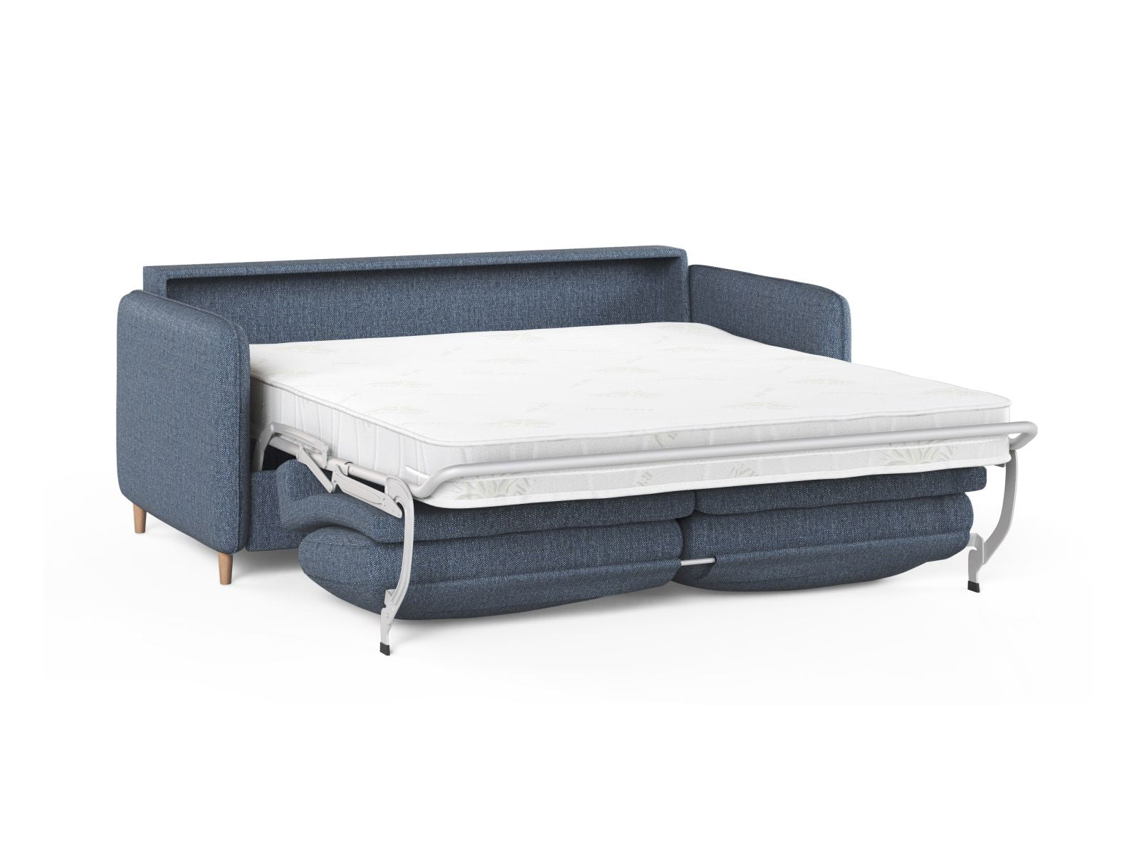 Elegantes 3-Sitzer Bettsofa Simo in tiefblau, vielseitig einsetzbar und ideal für entspannte Abende oder als Schlafplatz für Übernachtungsgäste.