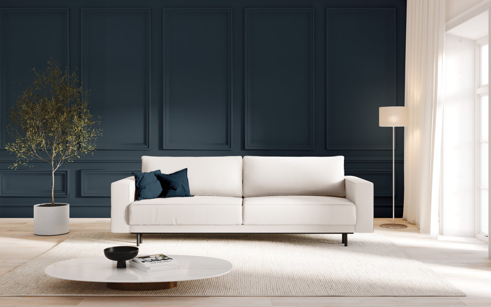 Elegantes Caro Sofa in Light Beige mit Schlaffunktion und praktischem Stauraum, ideal für stilvolle Wohnräume.