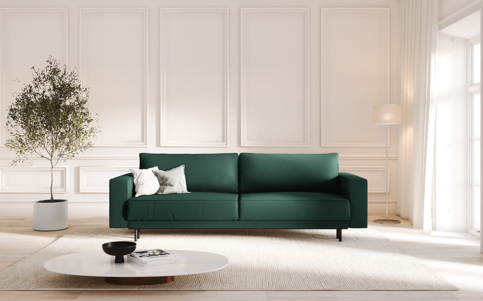 Elegantes Caro Sofa in Grün mit Schlaffunktion und praktischem Stauraum, ideal für stilvolle Wohnräume und Gästeübernachtungen.