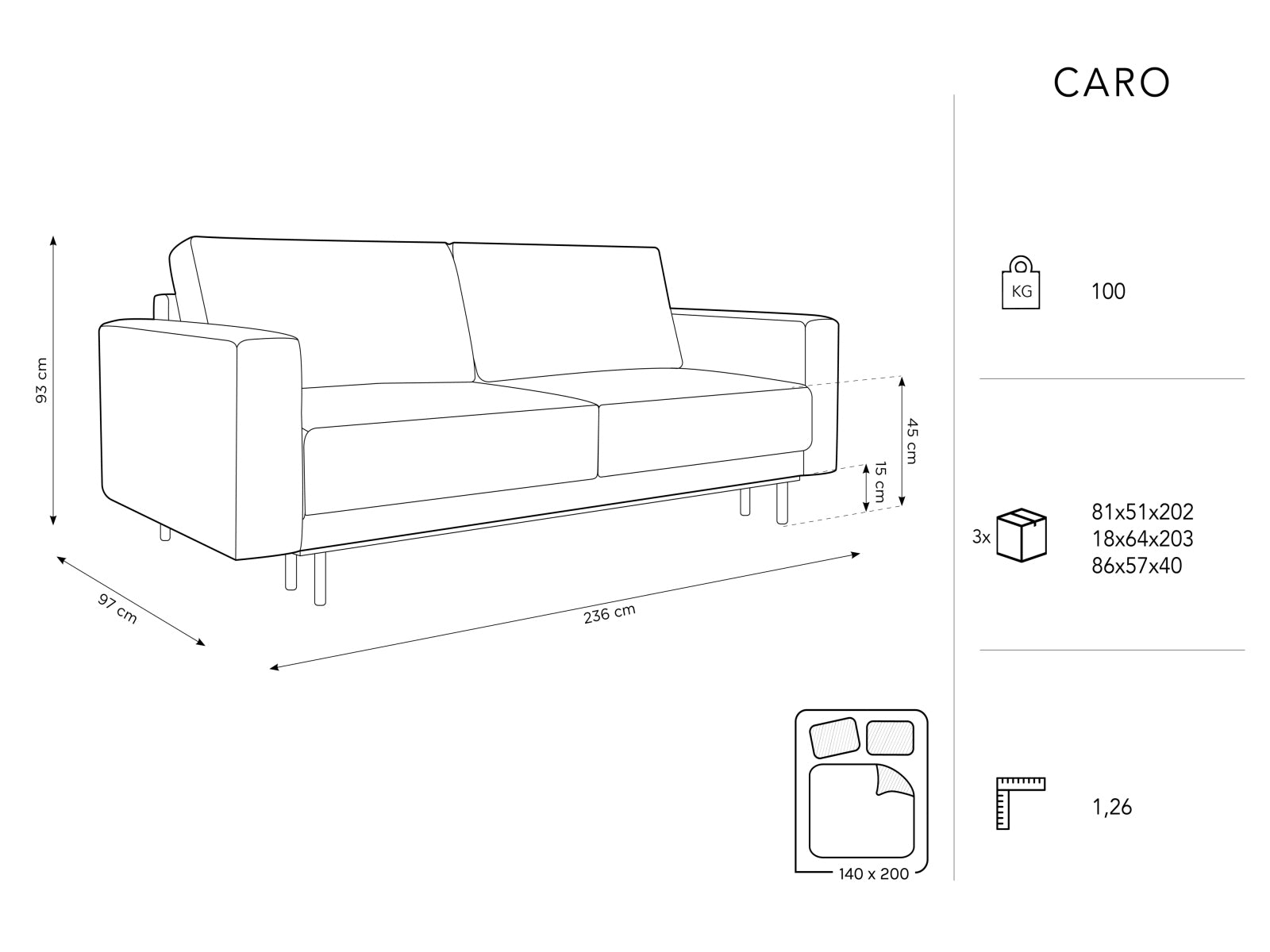 Modernes Caro Sofa in ansprechendem Blau, 3-Sitzer mit praktischer Schlaffunktion und cleverem Stauraum für vielseitige Nutzung.