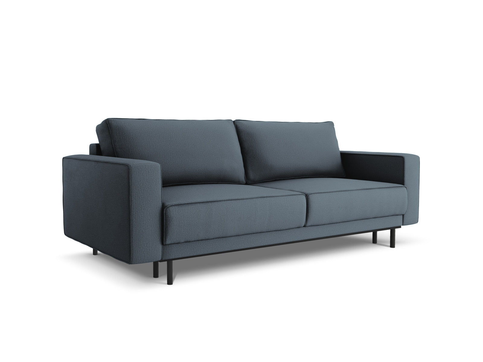 Modernes 3-Sitzer Bettsofa Caro in ansprechendem Blau, ausgestattet mit Schlaffunktion und cleverem Stauraum für vielseitige Nutzung.