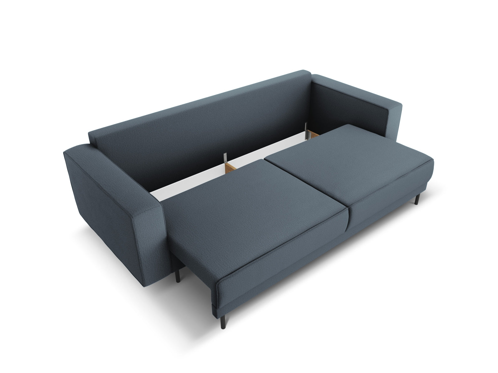 Modernes Caro Sofa in ansprechendem Blau, 3-Sitzer mit cleverer Schlaffunktion und praktischem Stauraum für vielseitige Nutzung.