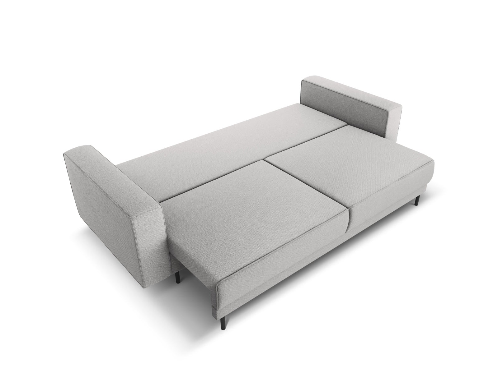 Elegantes 3-Sitzer Sofa Caro in dezentem Grau, ideal für Gästeübernachtungen und mit praktischem Stauraum für Kissen und Decken.