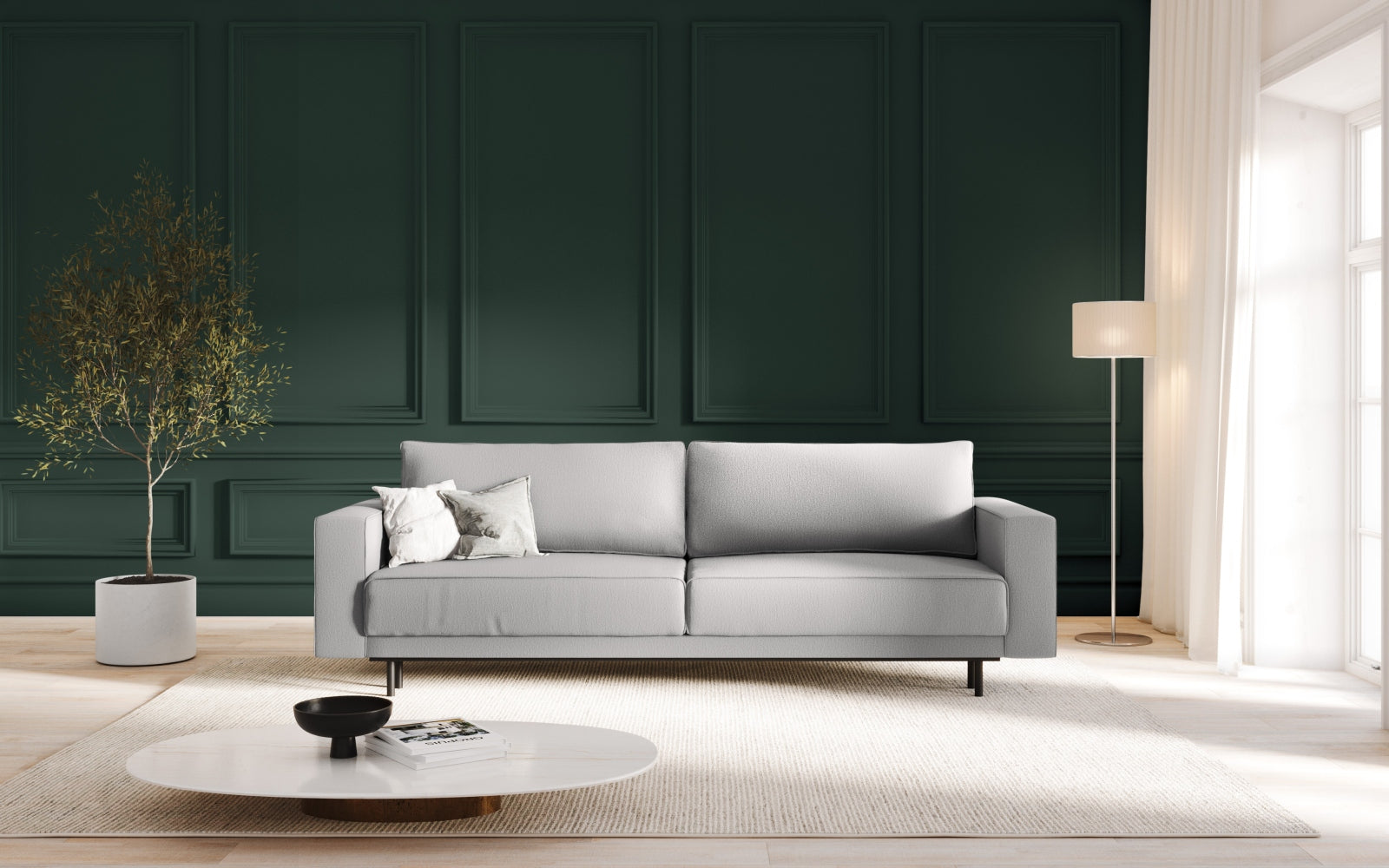 Elegantes Caro Sofa in Hellgrau mit Schlaffunktion und Stauraum, ideal für moderne Wohnräume und Gästezimmer.