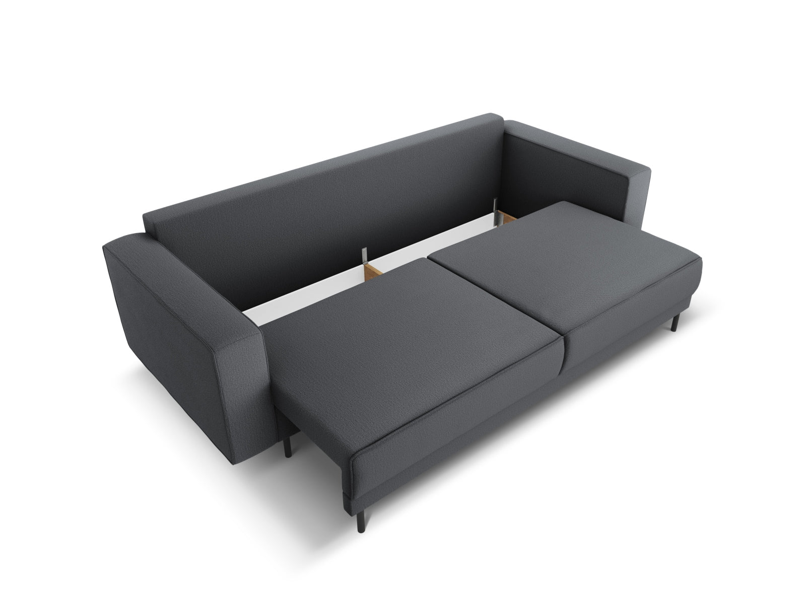 Stylisches Caro Bettsofa in Dunkelgrau, ideal für Wohnräume, bietet Schlafgelegenheit und praktischen Stauraum für Kissen und Decken.