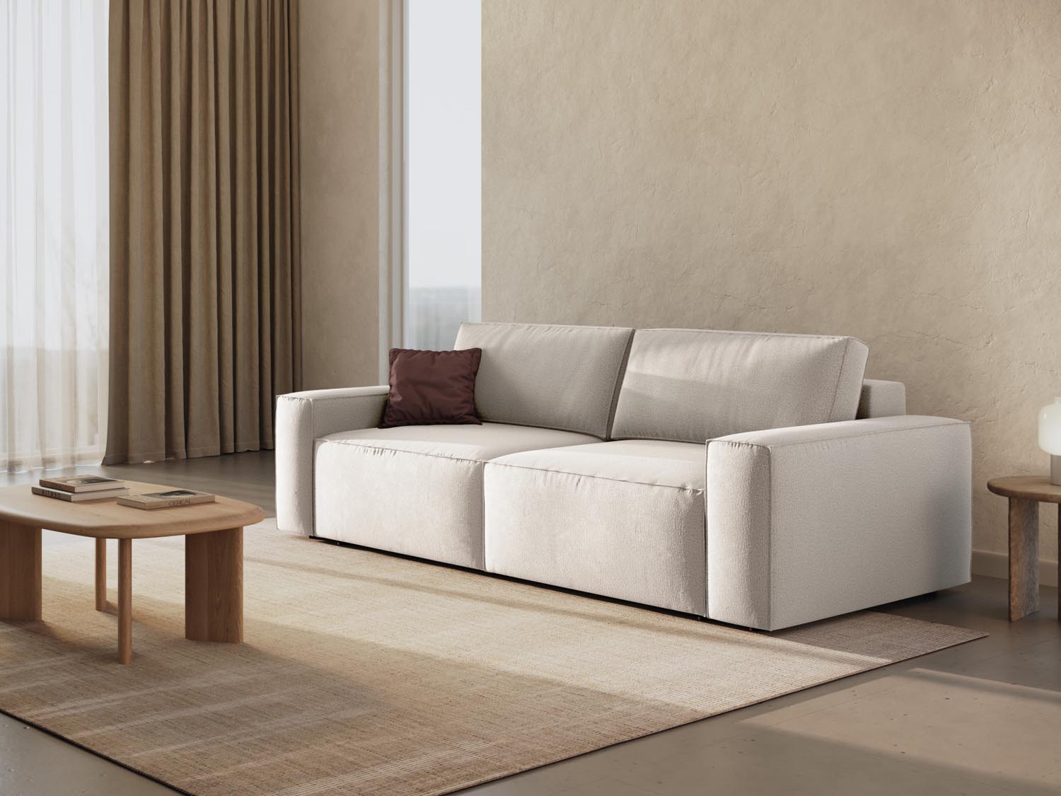 Elegantes Jodie Sofa in Light Beige mit Schlaffunktion und Stauraum, ideal für stilvolle Wohnräume und Gästeübernachtungen.