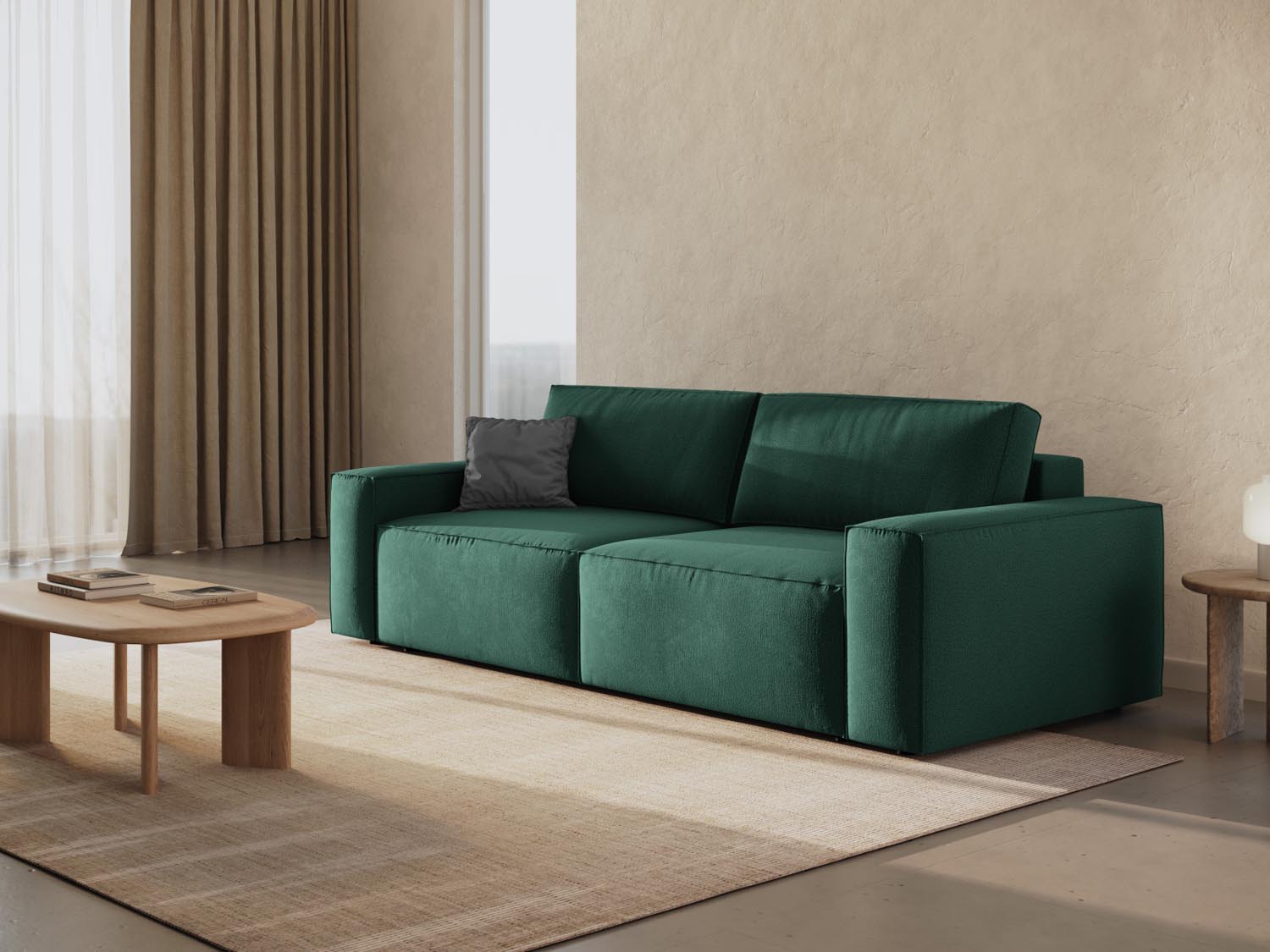 Elegantes Jodie Sofa in Grün mit Schlaffunktion und Stauraum, ideal für stilvolle Wohnräume und flexible Nutzung.