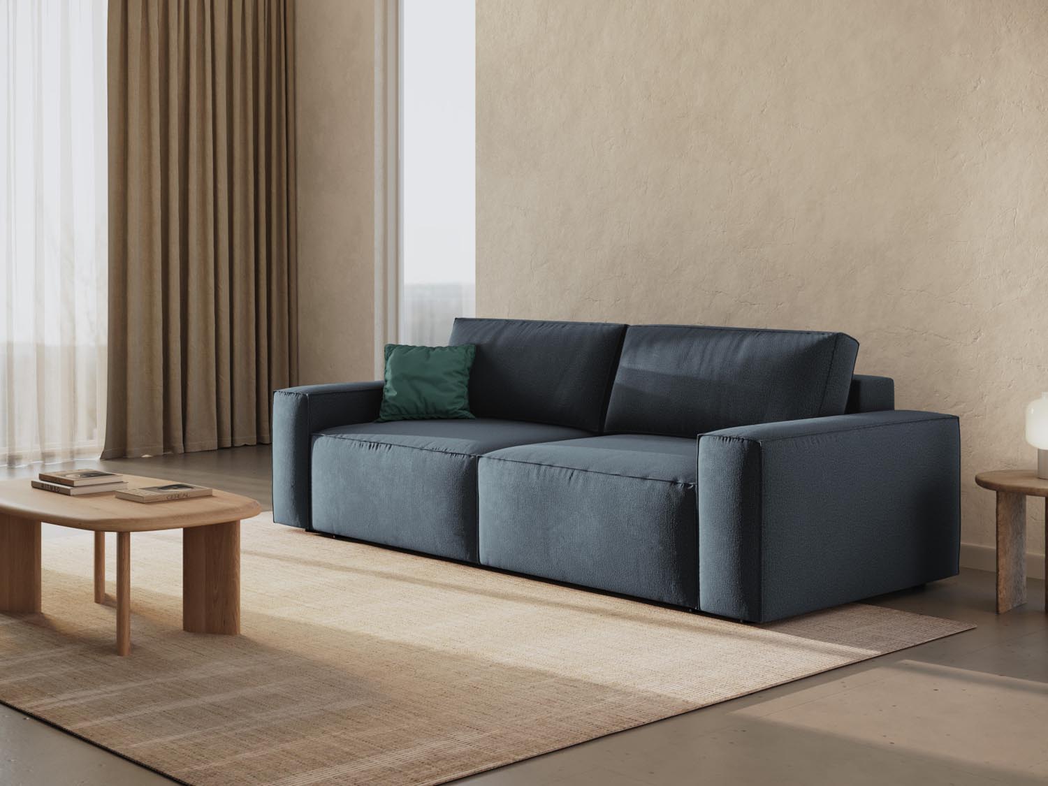 Elegantes Jodie Sofa in Blau mit Schlaffunktion und Stauraum, ideal für stilvolle Wohnräume und gemütliche Nächte.