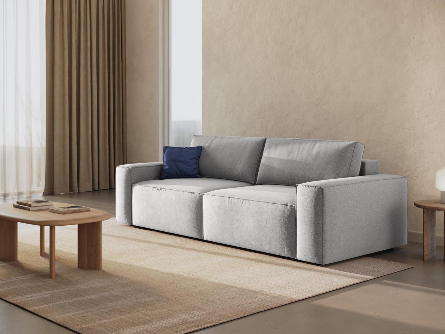 Elegantes Jodie Sofa in Hellgrau mit Schlaffunktion und Stauraum, ideal für stilvolle Wohnräume und flexible Nutzung.