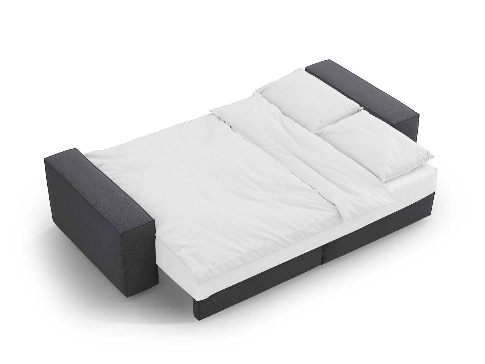 Elegantes 3-Sitzer Sofa Jodie in Dunkelgrau, ideal für Gäste mit Schlaffunktion und integriertem Stauraum für zusätzlichen Komfort.
