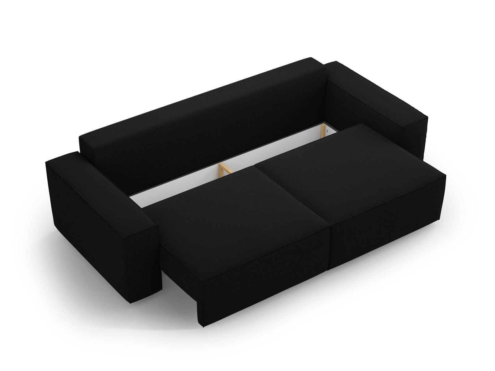 Stylisches Bettsofa Jodie in Schwarz, 3-Sitzer mit praktischer Schlaffunktion und Stauraum, perfekt für moderne Wohnkonzepte.