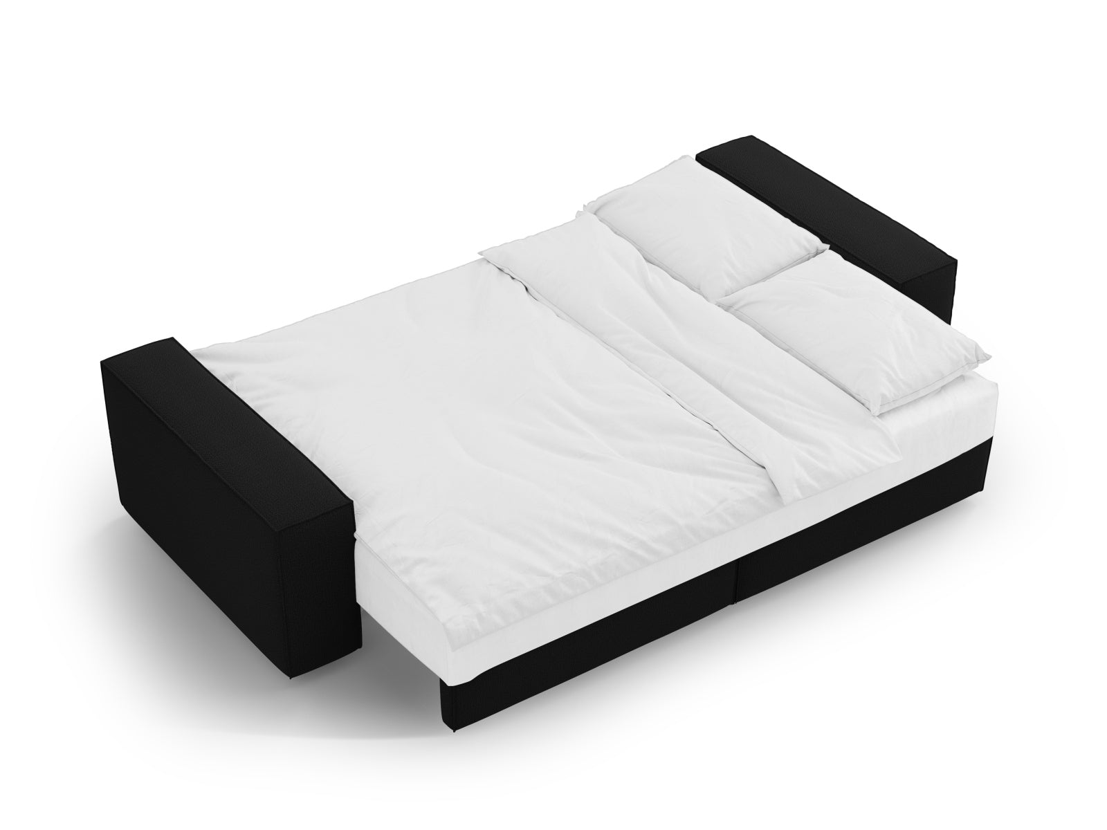 Elegantes 3-Sitzer Sofa Jodie in Schwarz, ausgestattet mit Schlaffunktion und Stauraum, ideal für vielseitige Wohnräume.