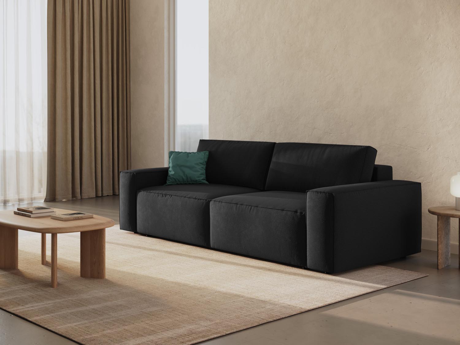 Elegantes Jodie Sofa in Schwarz mit Schlaffunktion und Stauraum, ideal für stilvolle Wohnräume und flexible Nutzung.