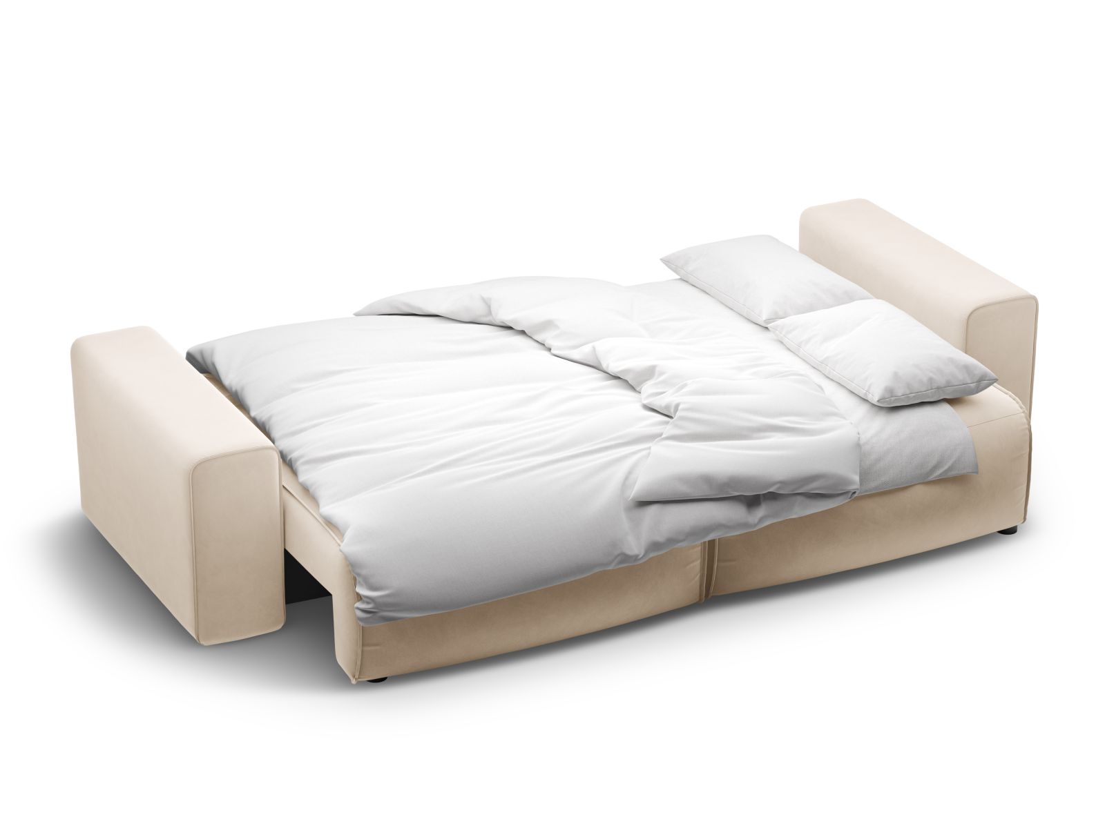 Stylisches 3-Sitzer Sofa Victor in zartem Nude-Paris, perfekt für entspannte Stunden, bietet Schlaffunktion und cleveren Stauraum.