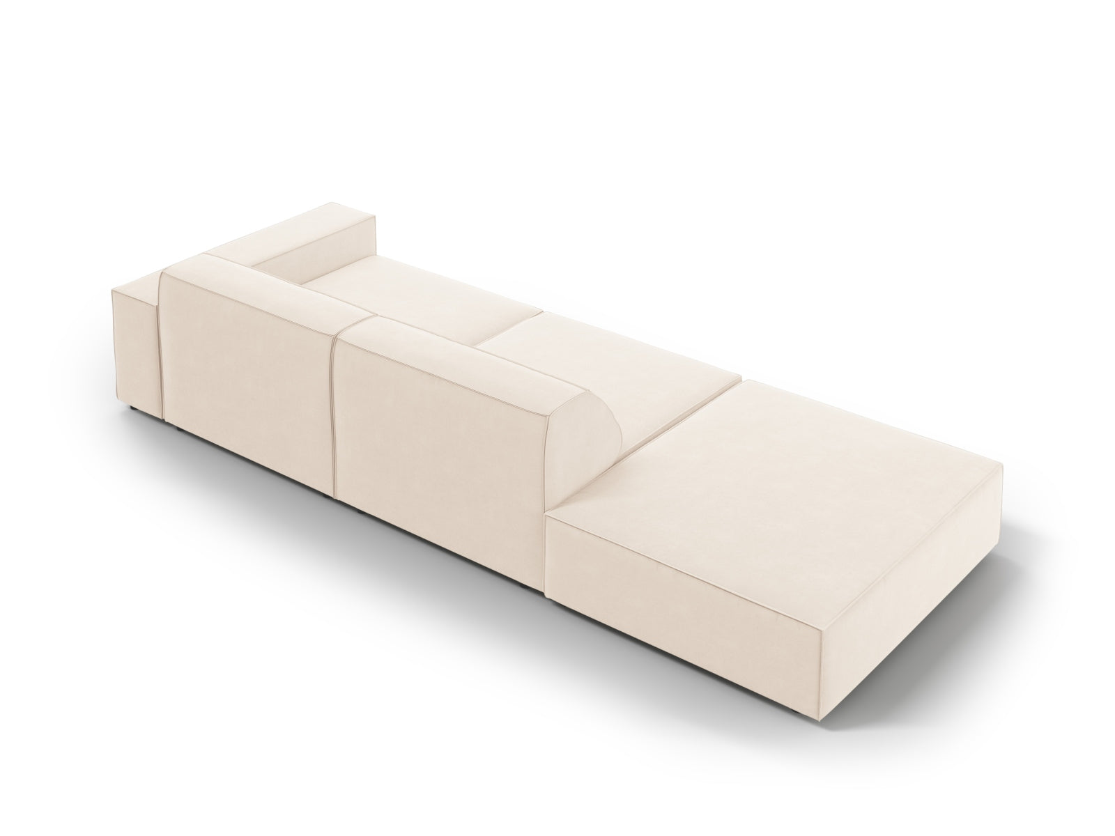 Bequemes, modernes 3-Sitzer Sofa Jodie in sanftem Beige, linksseitig, aus luxuriösem Velours, ideal für stilvolle Einrichtungskonzepte.