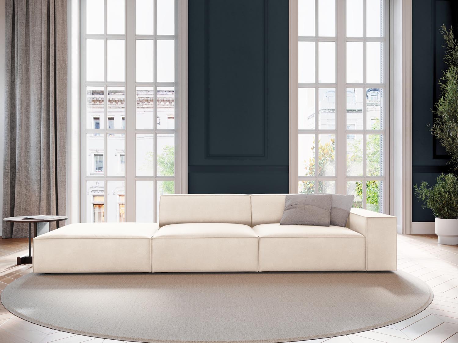 Elegantes Jodie Velour Sofa in Light Beige-Bluvel, 3-Sitzer, linksseitig, ideal für stilvolle Wohnräume, präsentiert von Micadoni.