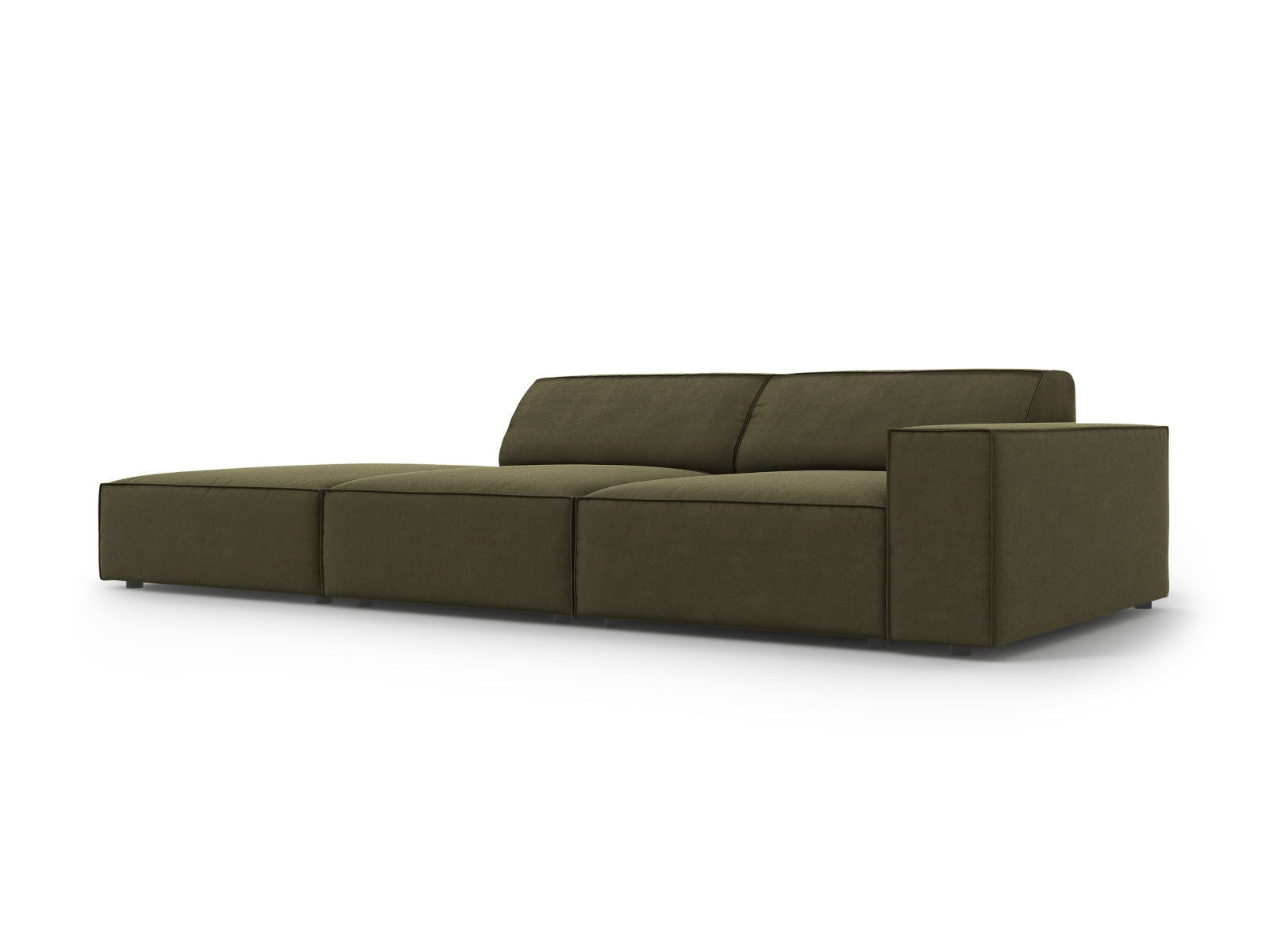 Elegantes, modulares 3-Sitzer Sofa Jodie in hochwertigem Velours, linksseitig, in stilvollem Grün-Blau, ideal für zeitgemäße Wohnräume.