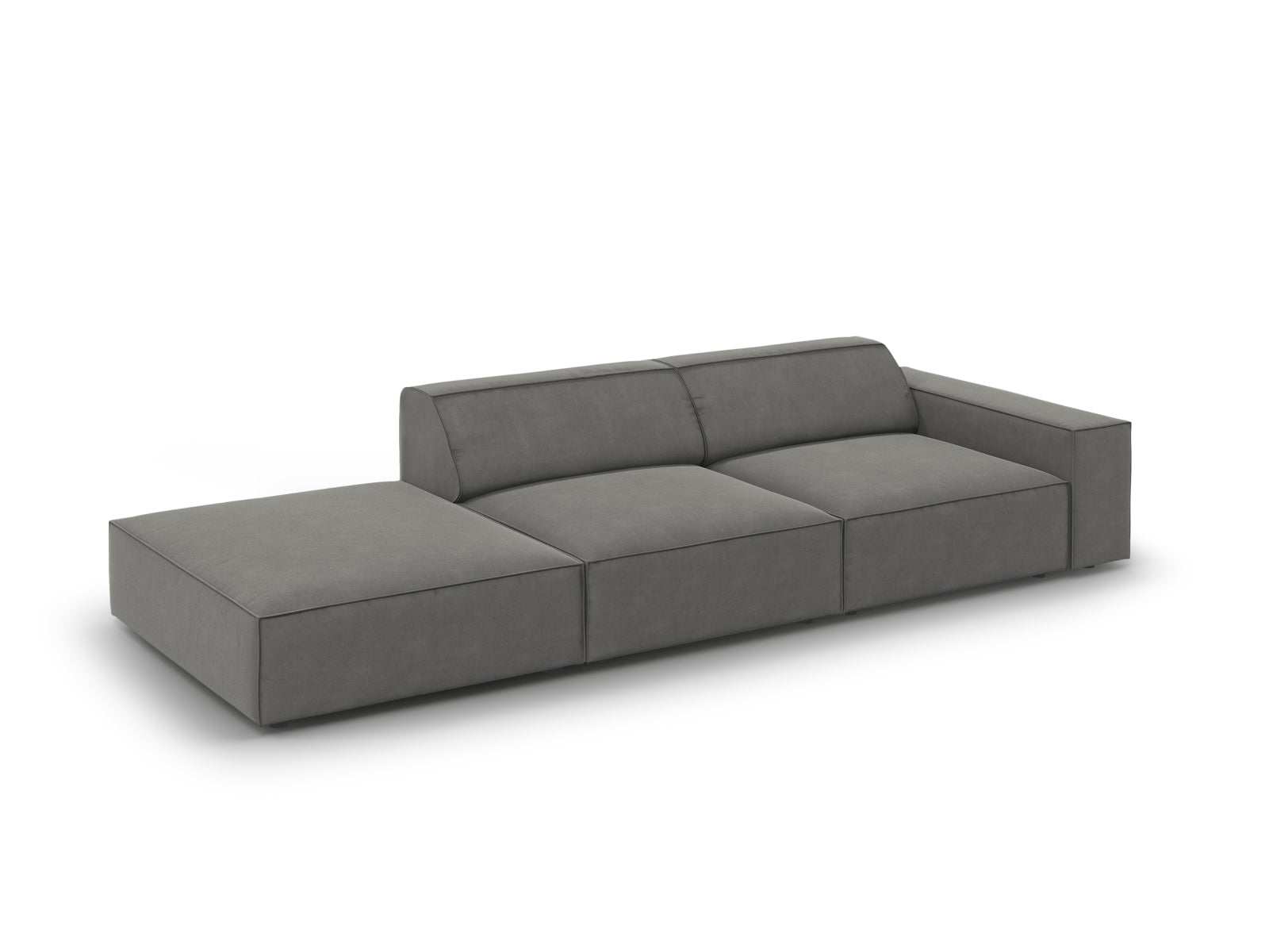 Modulares 3-Sitzer Sofa Jodie in weichem Velours, linksseitig, in einem modernen Grau-Blau, perfekt für gemütliche und elegante Wohnambiente.