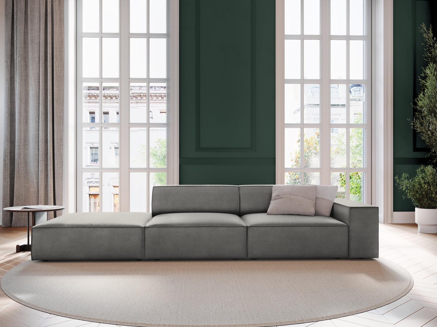 Elegantes, modulares 3-Sitzer Sofa Jodie in Velours, linksseitig, in sanftem Grau-Blau, ideal für stilvolle Wohnräume.