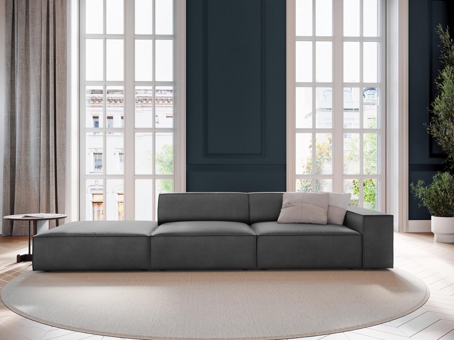 Elegantes Jodie Velour Sofa in Grau-Blau, linksseitig, 3-Sitzer, ideal für stilvolle Wohnräume, präsentiert von Micadoni.