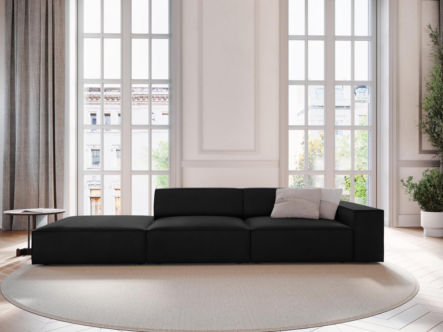 Elegantes Jodie Velour Sofa in Schwarz-Bluvel, linksseitig, 3-Sitzer, ideal für stilvolle Wohnräume, präsentiert von Micadoni.