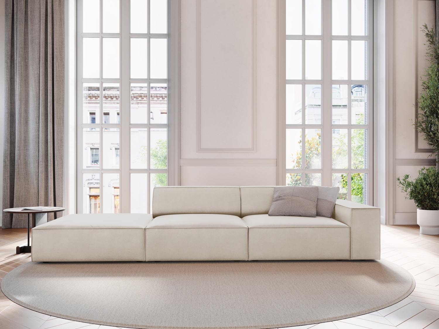 Elegantes Jodie Velour Sofa in Dunkelbeige, linksseitig, ideal für stilvolle Wohnräume. Modulares Design von Micadoni.