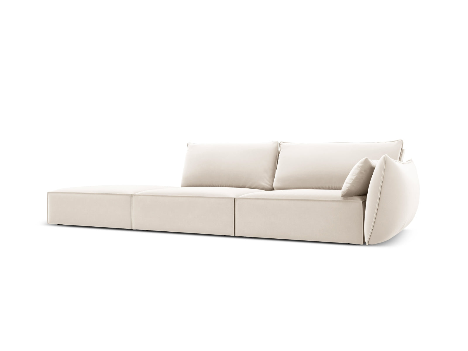 Elegantes Kaelle Velour Sofa links, 4-Sitzer in sanftem Beige, ideal für stilvolle Wohnräume. Hochwertige Verarbeitung von Micadoni.