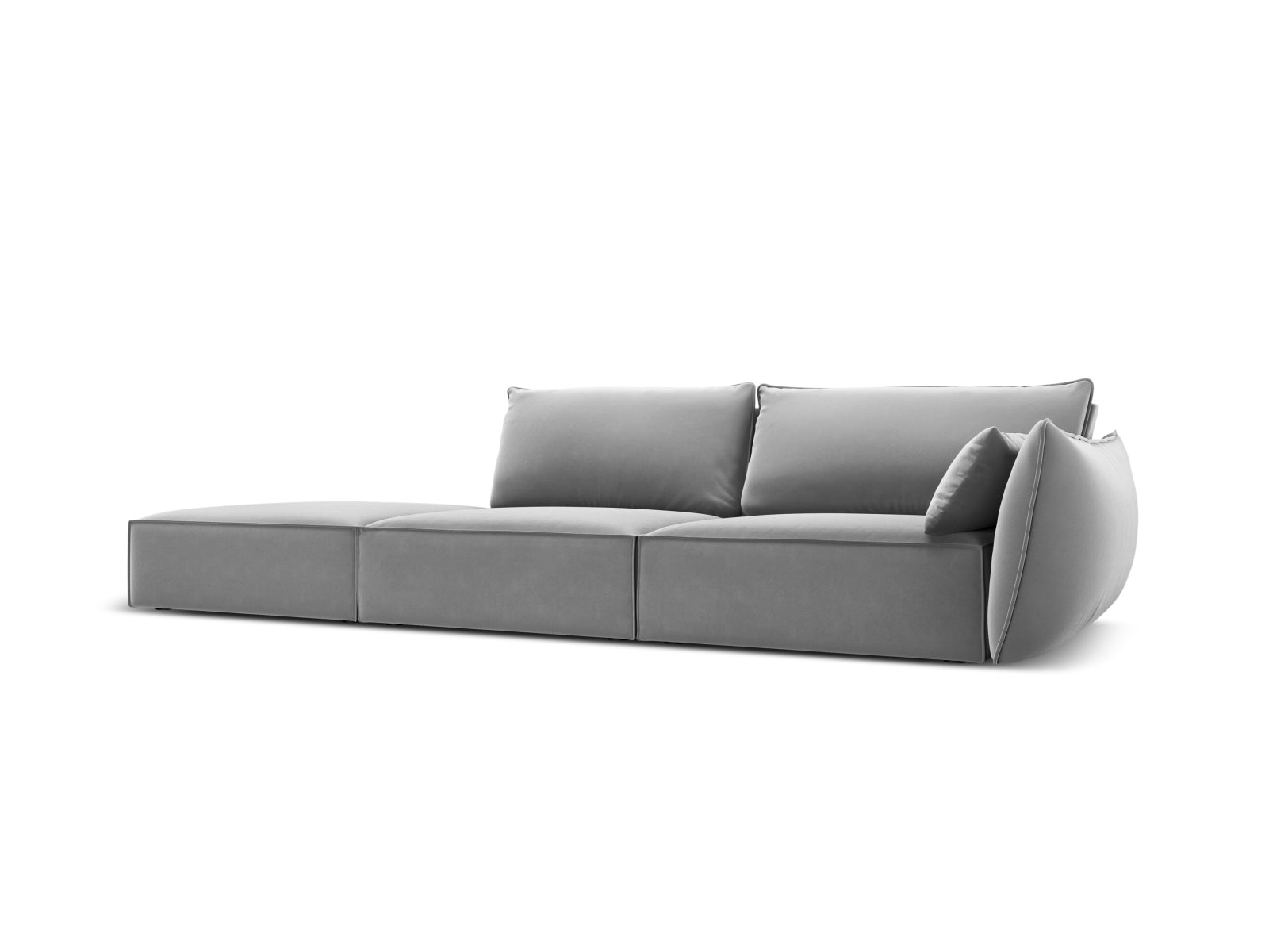 Elegantes Kaelle Velour Sofa links, 4-Sitzer in stilvollem Grey-Bluvel, ideal für moderne Wohnräume, erhältlich bei KAQTU Design AG.
