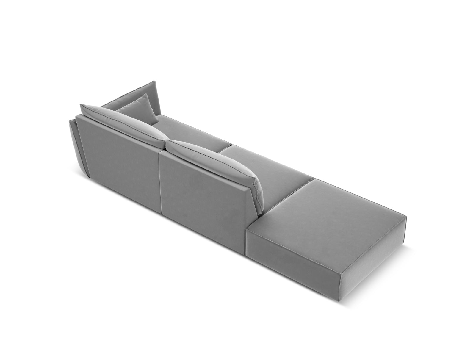 Luxuriöses 4-Sitzer Velour Sofa Kaelle links in trendigem Grey-Bluvel, perfekt für stilvolle Wohnzimmer und gemütliche Abende.