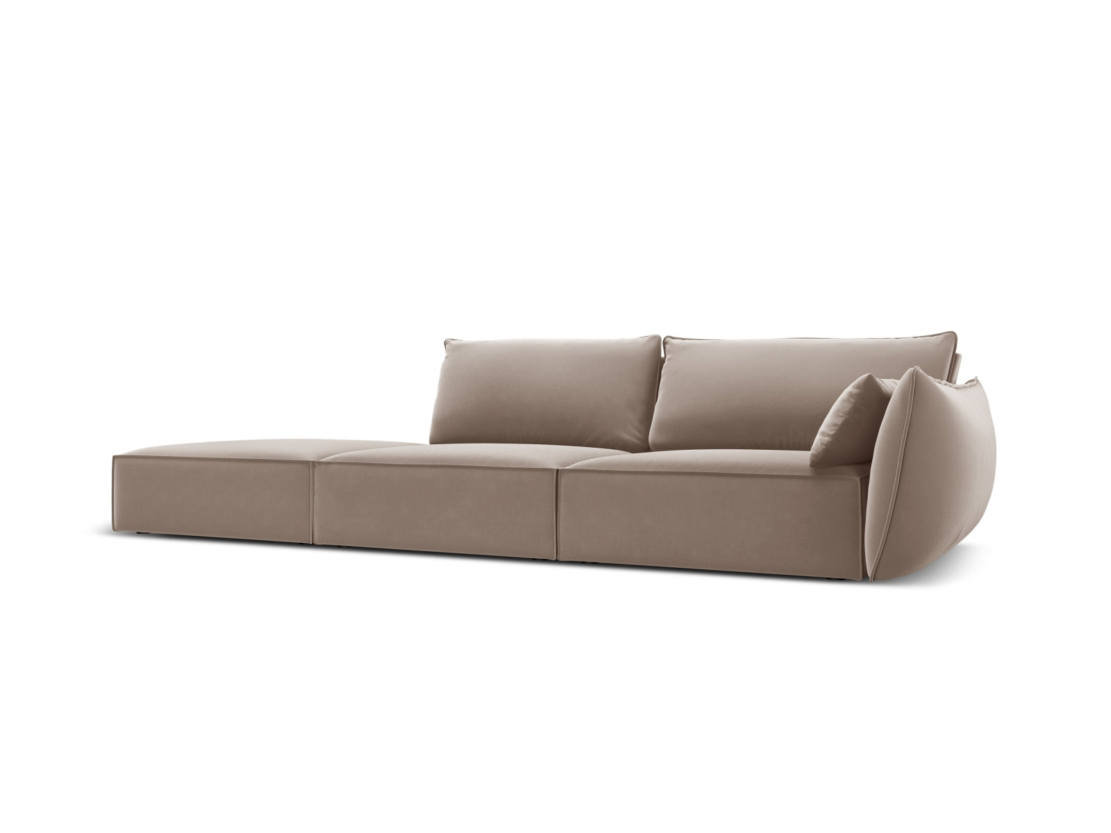 Elegantes Kaelle Velour Sofa links, 4-Sitzer in stilvollem Cappuccino-Bluvel, ideal für moderne Wohnräume.
