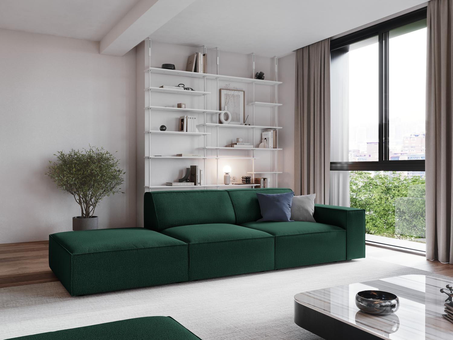 Elegantes Jodie Modulares Sofa in Grün, 3-Sitzer mit offener linker Seite, ideal für stilvolle Wohnräume. Von Micadoni.
