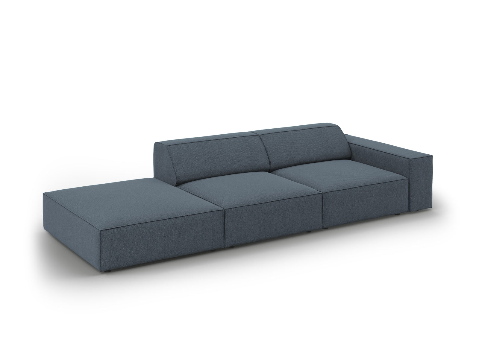 Modernes 3-Sitzer Sofa Jodie in Blau, mit offenem linken Arm, perfekt für flexible Raumgestaltungen und gemütliche Sitzgelegenheiten.