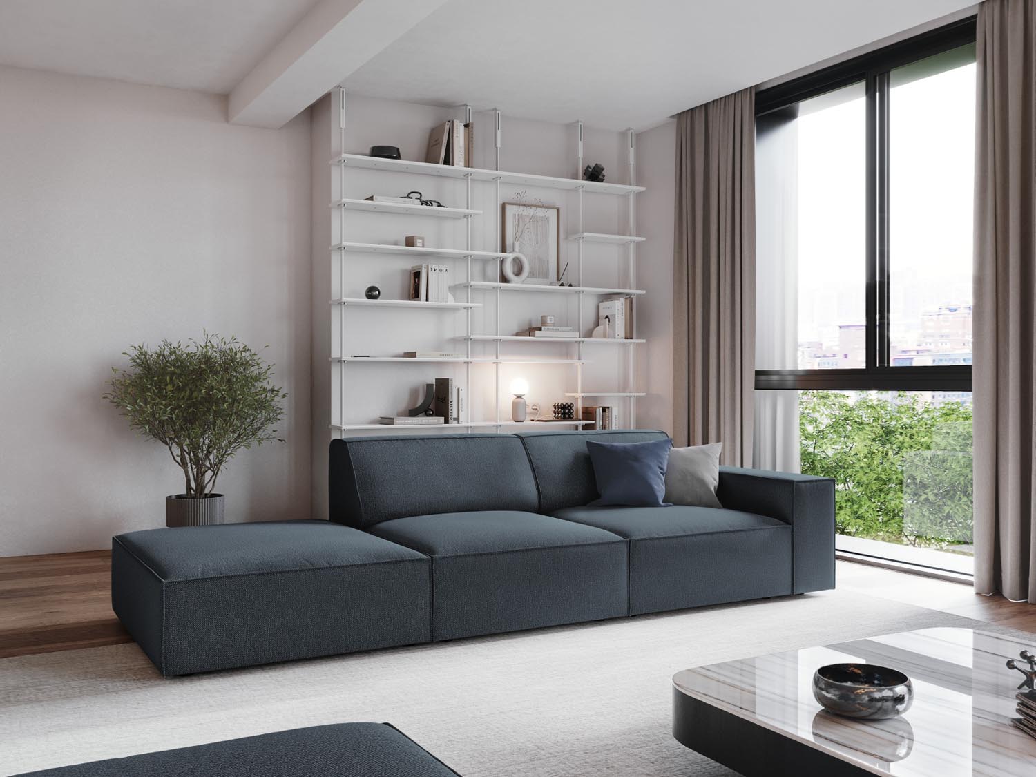 Elegantes Jodie 3-Sitzer Sofa in Blau, modulares Design mit offener linker Seite, ideal für stilvolle Wohnräume.