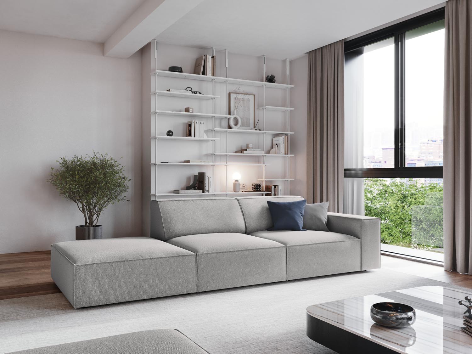 Elegantes Jodie Modulares Sofa in Hellgrau, 3-Sitzer, links geöffnet, ideal für stilvolle Wohnräume, präsentiert von Micadoni.