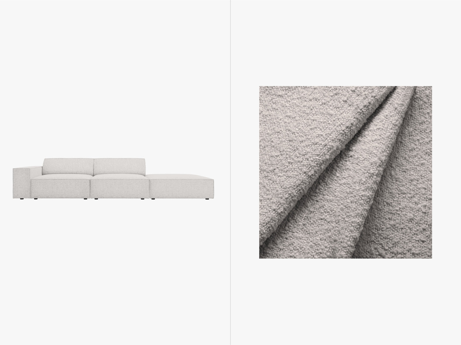 Modulares 3-Sitzer Sofa Jodie Boucle mit offenem rechten Ende, perfekt für moderne Wohnkonzepte und gemütliche Entspannung.