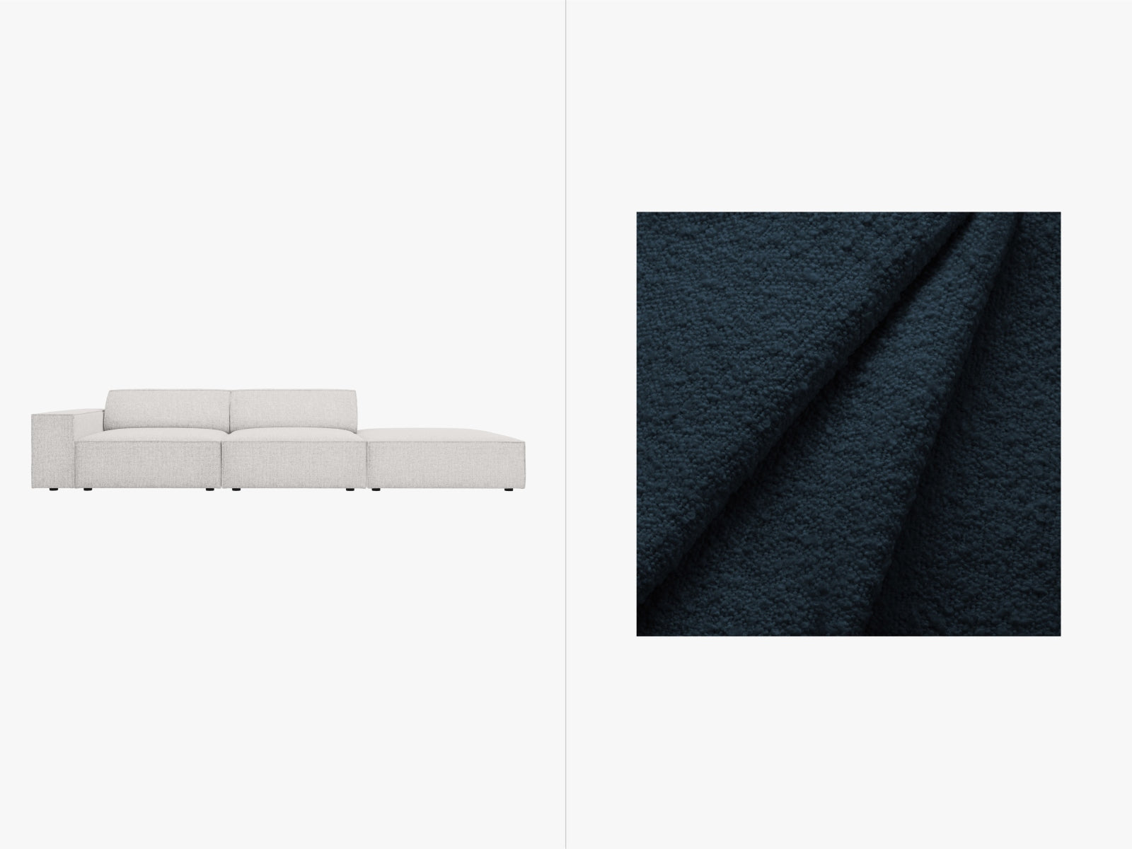 Elegantes Jodie Boucle Sofa mit offenem rechten Ende, ideal für stilvolle Wohnräume und entspannte Stunden. Modulares Design für individuelle Anpassung.
