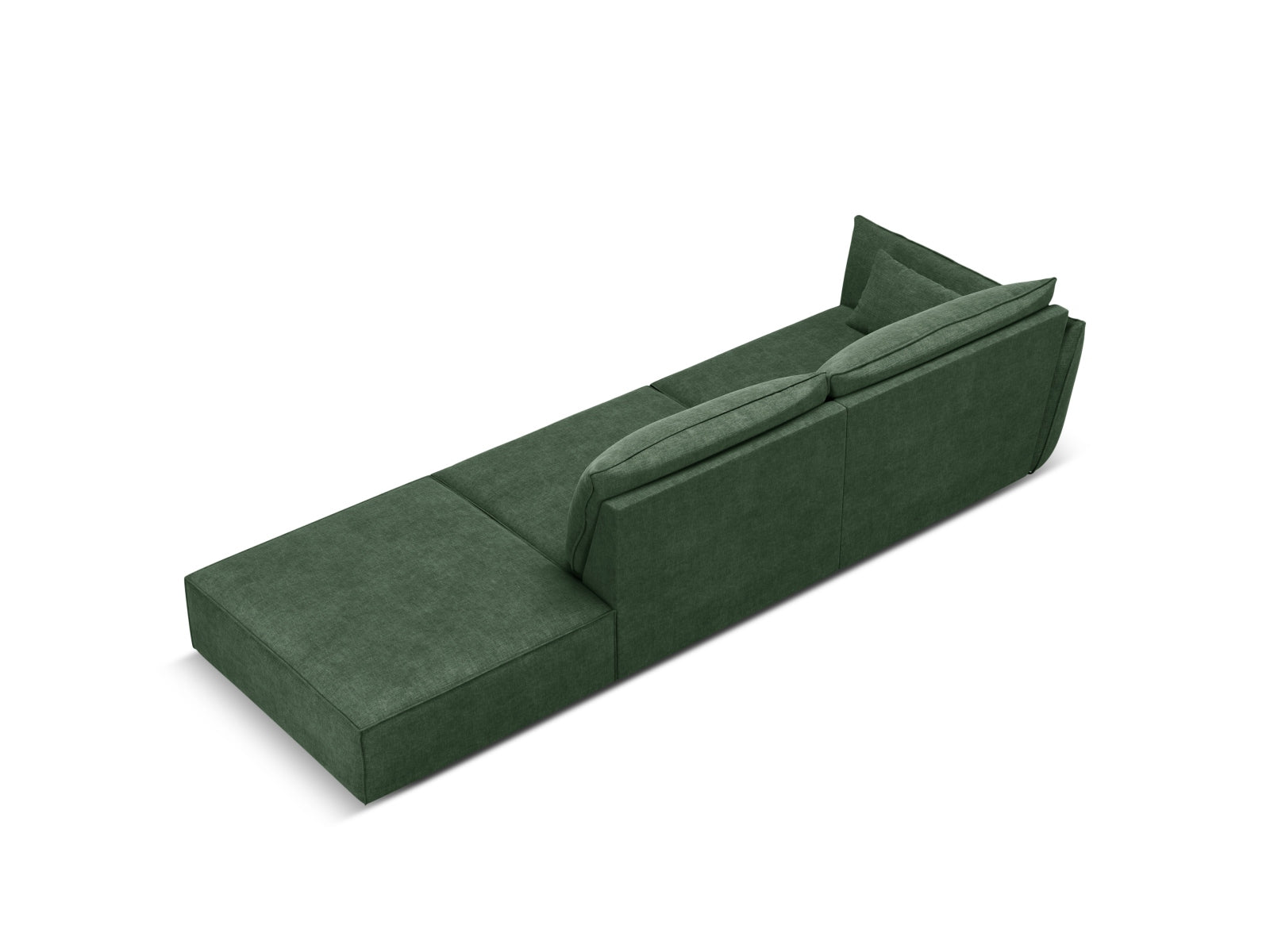 Modernes Kaelle Sofa in edlem Flaschengrün, 4-Sitzer, L-Form, perfekt für gemütliche und stilvolle Wohnzimmergestaltung.