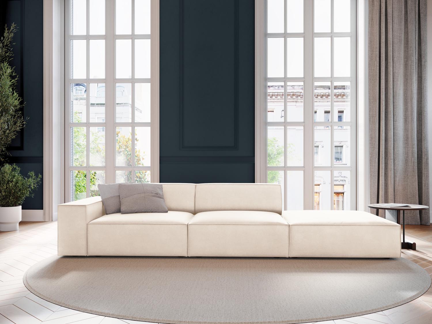 Elegantes Jodie Velour Sofa in Light Beige, 3-Sitzer, modulares Design, ideal für stilvolle Wohnräume, präsentiert von Micadoni.