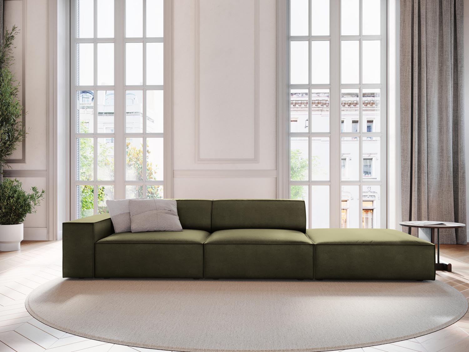 Elegantes Jodie Velour Sofa in Grün-Blau, 3-Sitzer, modulares Design, ideal für stilvolle Wohnräume, präsentiert von Micadoni.