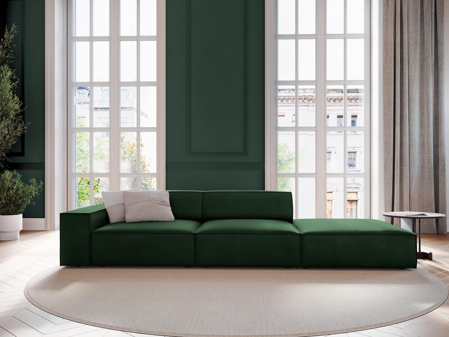 Elegantes Jodie Velour Sofa in Flaschengrün, modulares Design, ideal für stilvolle Wohnräume. Rechtsseitiger 3-Sitzer von Micadoni.